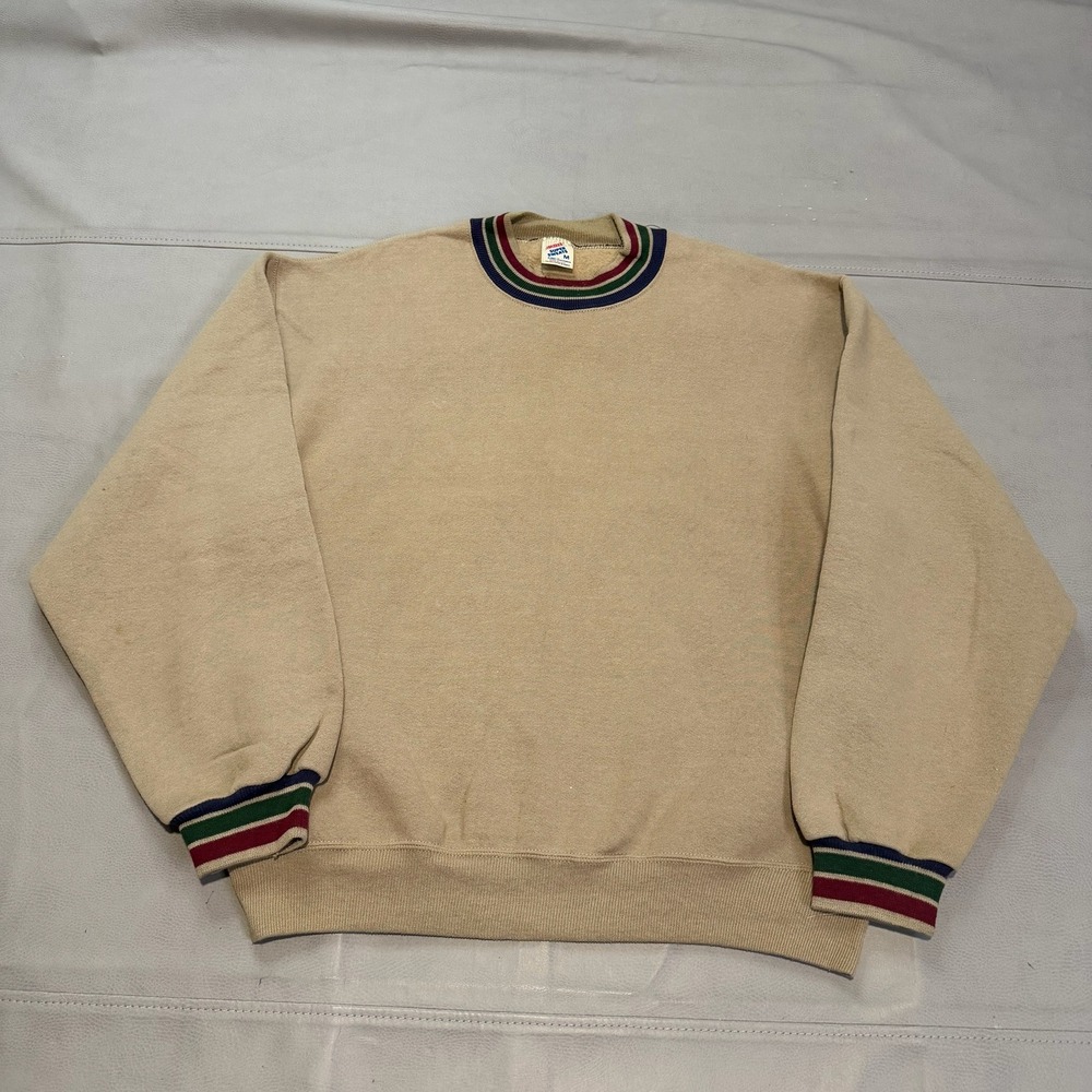 VTG 90 Jerzee Super Sweat Men Tan Crew Neck Ringer Preppy Y2K Sweatshirt USA5197